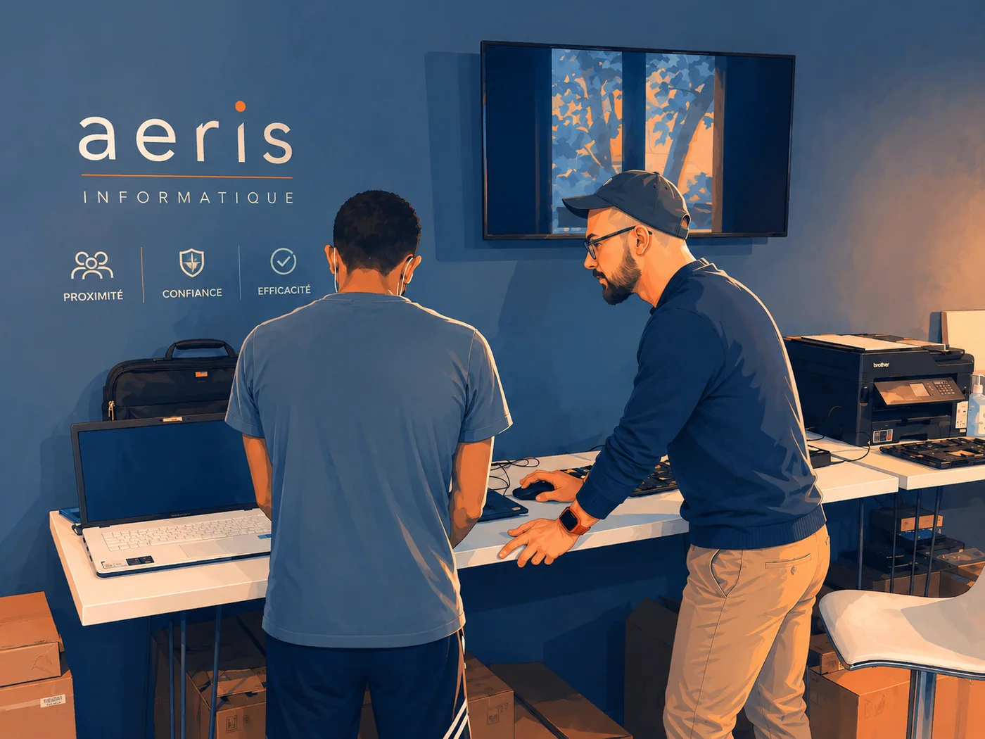 Illustration d’un accompagnement client dans l’atelier Aeris autour d’un ordinateur
